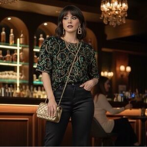 Vintage Papell Boutique Evening Black Green and Gold Sequin Silk Blouse Size 2X